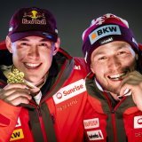 Franjo von Allmen, champion du Monde de descente et Alexis Monney, médaillé de bronze.
